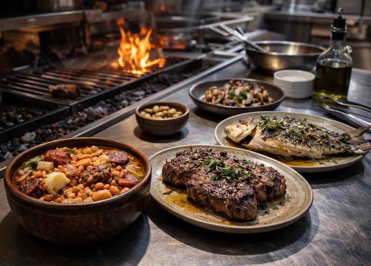 Platos de gastronomía cántabra actual con cocido montañés, carne de vaca tudanca y pescado del Cantábrico, presentados en una cocina profesional con fuego y parrilla.
