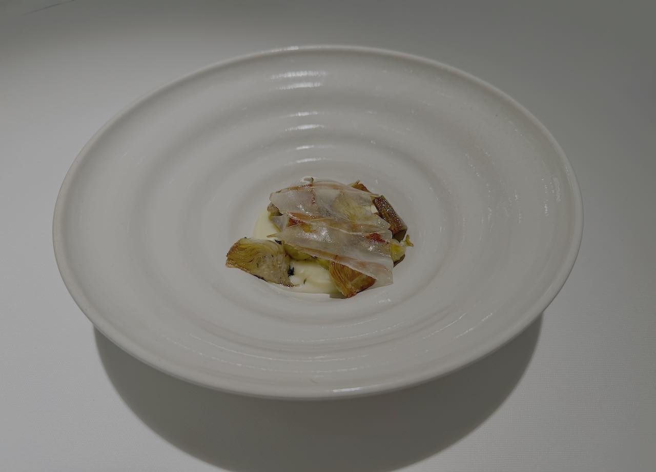 Alcachofas salteadas al tomillo, papada ibérica y parmentier · Restaurante Juan Carlos Ferrando · Logroño · La Rioja
